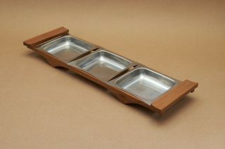 Vintage Mid Century Walnut Stainless Steel Condiment Trays & Caddy Made In Japan