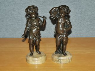 Pair Antique (french?) Bronze Cherub Children Figures On Marble Bases,  23cm Tall