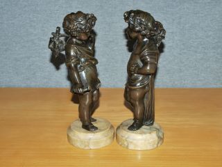 Pair Antique (French?) Bronze Cherub Children Figures on Marble Bases,  23cm Tall 2