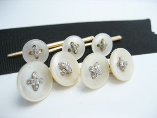 Vintage French 14k Yellow Gold & Diamond & Mother Of Pearl Mop Button Cufflinks