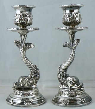 London Sterling Figural Dolphin Serpent Fortnum Mason Silver Candlesticks Holder