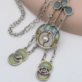 Vtg Antique Art Nouveau Plique A Jour Enamel Aquamarine Silver Pendant Necklace