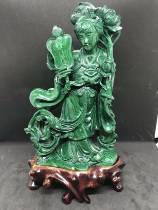 A Very Fine Vtg Chinese Carved Malachite Figure With A Wooden Stand