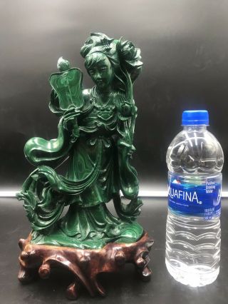 A Very Fine VTG Chinese Carved Malachite Figure With A Wooden Stand 2