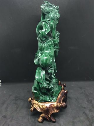 A Very Fine VTG Chinese Carved Malachite Figure With A Wooden Stand 3
