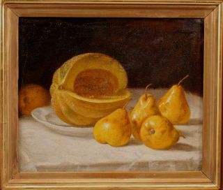 Antique JOHN F FRANCIS Fruit Still Life Oil Painting Cantaloupe Melon Pears,  NR 3