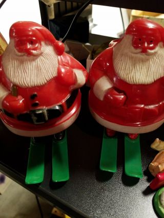 Two Vintage Rosbro Plastic Christmas Candy Containers Santas On Skis