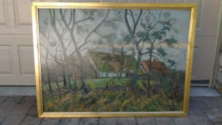 Antique French Oil On Board Painting Of A Village Seen From Forest,  Signed Evb