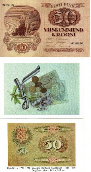 Estonia - Vintage 50 Krooni 1929 Large Banknote 0286436,  2ppc