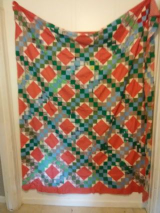 Vintage All Hand Sewn Quilt Top Is Reds And Greens And Mostly Flour Sack Cloth