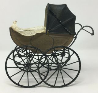 Vintage Antique Miniature Doll Metal Baby Carriage Stroller W/ Attached Bedding