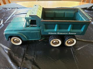 Vintage Structo Hydraulic Dumper Dump Truck Pressed Steel Metallic Green Toy