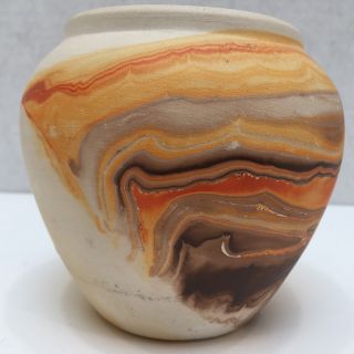 Vintage Nemadji Orange Brown Pottery Vase Signed Hand Painted Usa 4 " Tall
