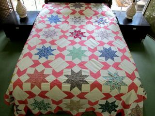 Outstanding Vintage Feed Sack Hand Pieced Kansas Dust Storm (?) Star Quilt Top