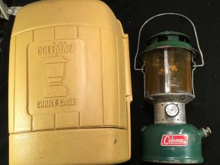 Vintage Coleman Lantern 220f Dated 1967 W/ Carrying Case Yellow Pyrex Glass