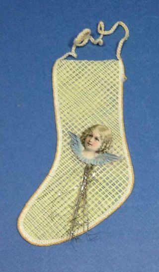 Antique Vtg Victorian Net Stocking W.  Scrap Candy Container Ornament