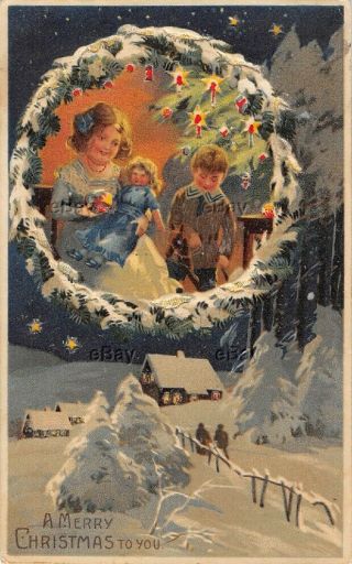 Vintage Postcard A Merry Christmas To You 1909 Htl Hold To Light Holiday Wreath