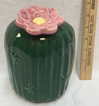 Treasure Craft Cactus Vase Cacti Ceramic Pottery Green W/ Pink Flower Vintage 7 "