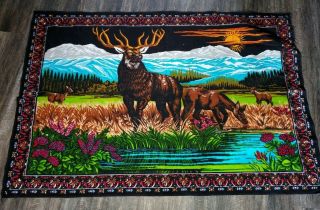 Vintage Deer Elk Scenic Mountains Lake Tapestry From Turkey 100 Cotton Vgc