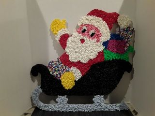 Vtg Melted Plastic Popcorn Christmas Santa Sleigh Wall Decor/door Greeter - Euc