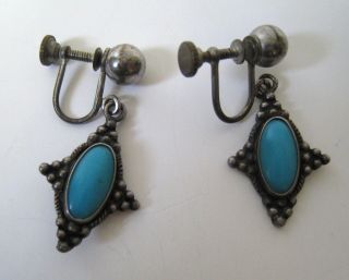 Vintage Sterling & Turquoise Drop Earrings Screw Backs Marked