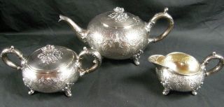 Antique 3 Pc Sheffield Hand Chased Floral Tea Set Silver Plate Cream & Sugar