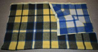 Vintage Blue White Yellow Plaid 100 Wool Blanket W Satin Edge 60x70