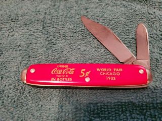 Vtg Coca Cola World Fair 1933 Chicago Double Blade Pocket Knife Red K21