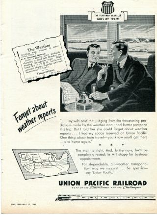 1947 Union Pacific Railroad Print Ad The Seasoned Traveler Goes By Train
