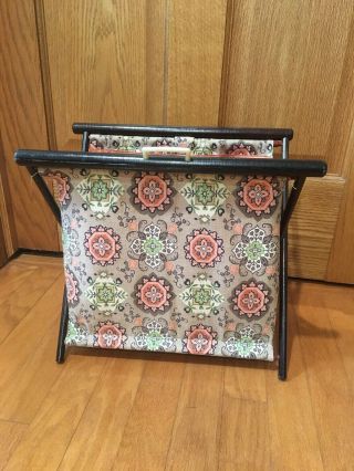 Vintage Folding Sewing,  Knitting Caddy Bark Cloth Fabric,  Wood Frame Stand