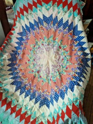 Vintage Hand Stitched Lone Star Quilt Top 80 " Lonestar Multi Color Blue Red