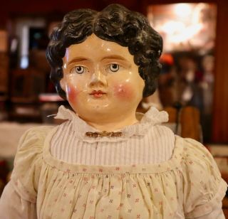 C1850 Antique 24 " German Paper Mache Lady Doll Dressed In Antique Outfit