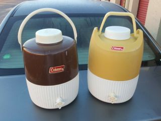 Vintage Coleman Water Coolers Jug Cooler Brown & White / Yellow & White