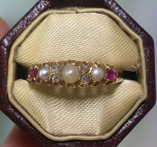 Antique (victorian) Ruby,  Seed Pearl & Rose Cut Diamond 18k Gold Half Hoop Ring