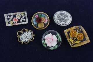 6 X True Vintage 1950s Reverse Carved Lucite Brooches Hand Painted