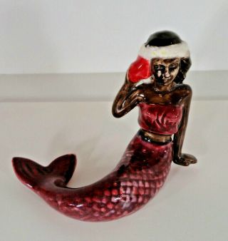 Vintage Island Girl Mermaid Figure Ceramic Seashell At Ear Dark Complexion