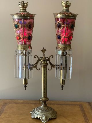 Antique Victorian Kero Brass Jeweled Shade Double Arm Library Desk Lamp Banquet