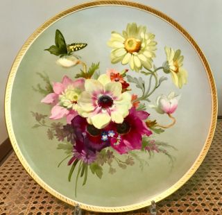 Rare Hand Painted Antique Kpm Gilded Porcelain Charger Flowers & Butterfly