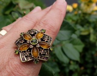 Vintage Deco Heidi Daus Swarovski Rhinestones Faux Amber Flower Ring Nib Size 10