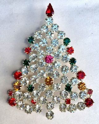 Gorgeous HUGE Vintage Christmas Tree Brooch PIN Large Multi - Color Sparkle XL 2