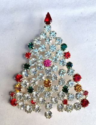Gorgeous HUGE Vintage Christmas Tree Brooch PIN Large Multi - Color Sparkle XL 3