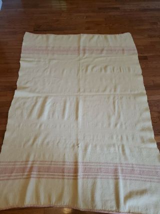 Vtg Antique 100 Wool Blanket Cream With Pink Stripes 70 " X 50 "