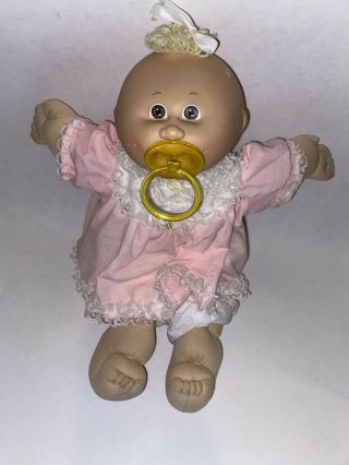 Vtg Coleco Cabbage Patch Kid Preemie Girl Pink Lace Dress Pacifier Blonde Hair