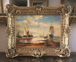 Antique Style Maritime Oil Painting European Ship Vessels In Bay Signed Framed