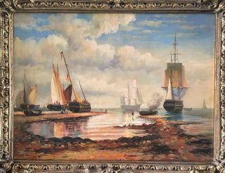 Antique Style Maritime Oil Painting European Ship Vessels in Bay Signed Framed 2