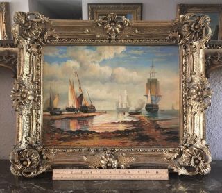 Antique Style Maritime Oil Painting European Ship Vessels in Bay Signed Framed 3
