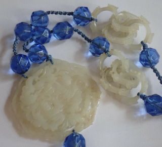 Antique Chinese Carved Mutton Fat Jade Devils Work Peking Blue Glass Necklace