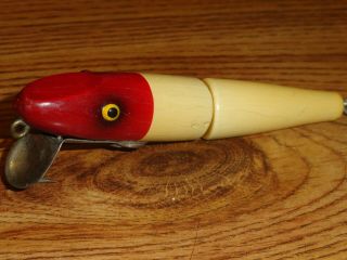 Vintage Fishing Lure Wooden Paw Paw Jointed Pike Series 1704 Red Head C.  1930 