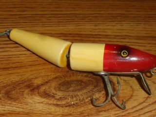 VINTAGE FISHING LURE WOODEN PAW PAW JOINTED PIKE SERIES 1704 RED HEAD C.  1930 ' S 2