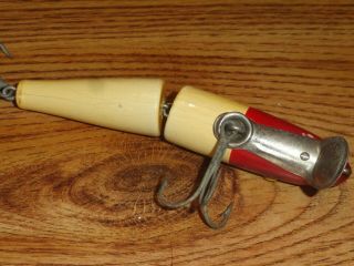 VINTAGE FISHING LURE WOODEN PAW PAW JOINTED PIKE SERIES 1704 RED HEAD C.  1930 ' S 3